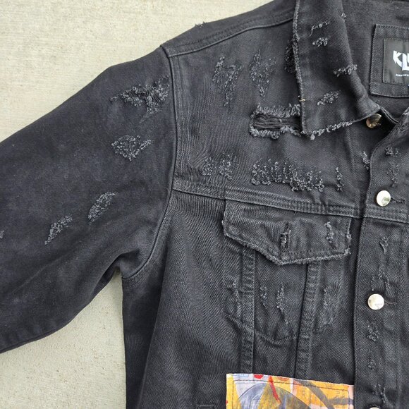 KLEEP Black Distressed Graphic Denim Statement Jacket Mens size S - Picture 6 of 9